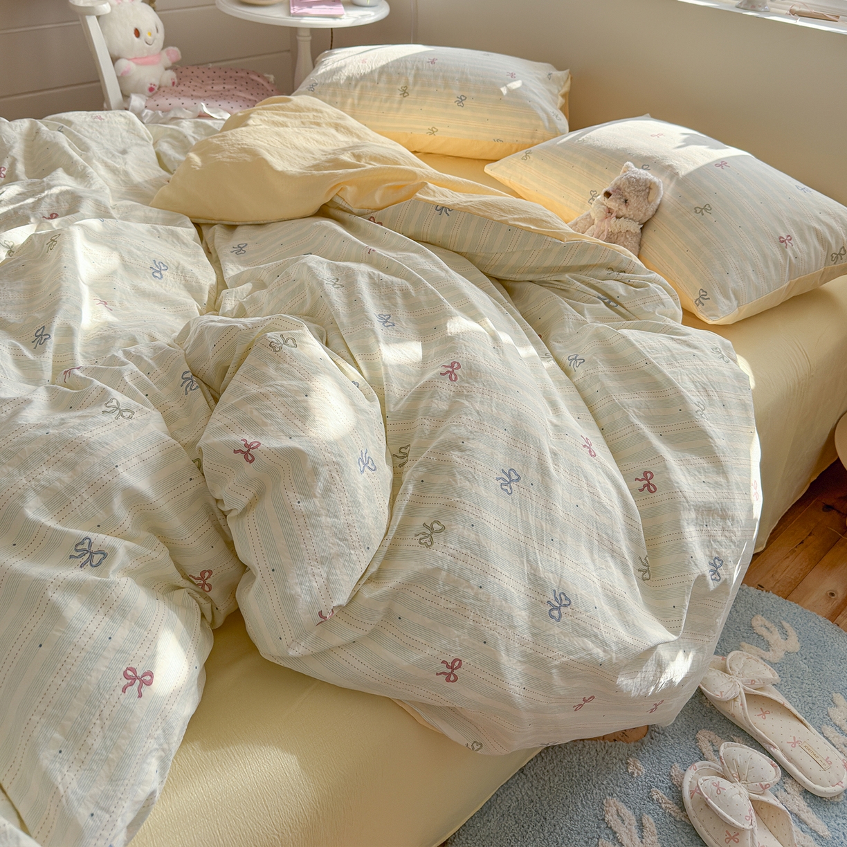 91家纺网 家纺一手货源 找家纺 罗亿家纺 2026新款A类古法水洗仿棉云感纱四件套 蝴蝶结