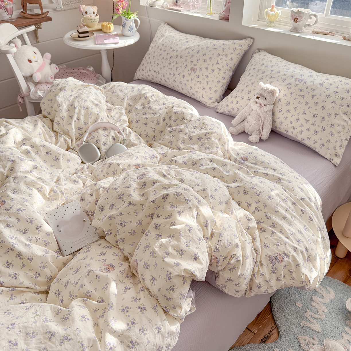 91家纺网 家纺一手货源 找家纺 罗亿家纺 2026新款A类古法水洗仿棉云感纱四件套 花集小兔