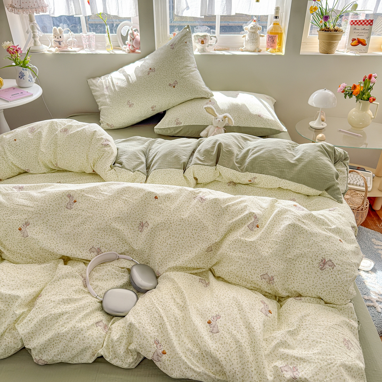 91家纺网 家纺一手货源 找家纺 罗亿家纺 2026新款A类古法水洗仿棉云感纱四件套 绿萌兔子