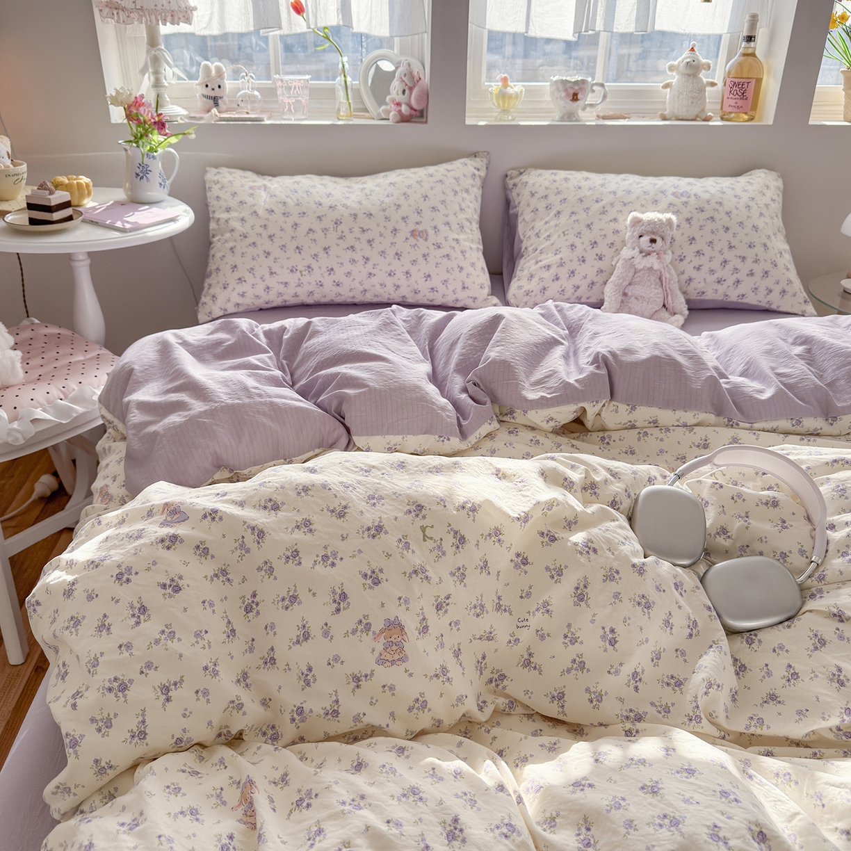 91家纺网 家纺一手货源 找家纺 罗亿家纺 2026新款A类古法水洗仿棉云感纱四件套 花集小兔