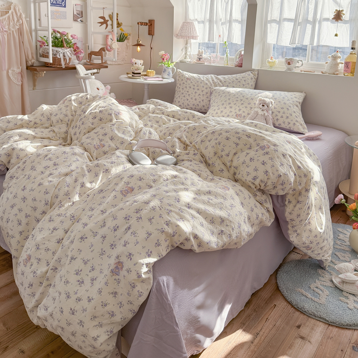 91家纺网 家纺一手货源 找家纺 罗亿家纺 2026新款A类古法水洗仿棉云感纱四件套 花集小兔