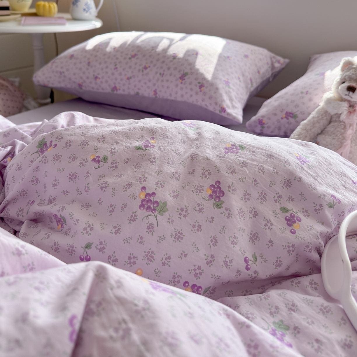 91家纺网 家纺一手货源 找家纺 罗亿家纺 2026新款A类古法水洗仿棉云感纱四件套 葡萄很甜