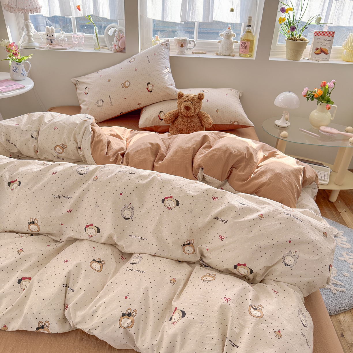 91家纺网 家纺一手货源 找家纺 罗亿家纺 2026新款A类古法水洗仿棉云感纱四件套 焦糖LABUBU