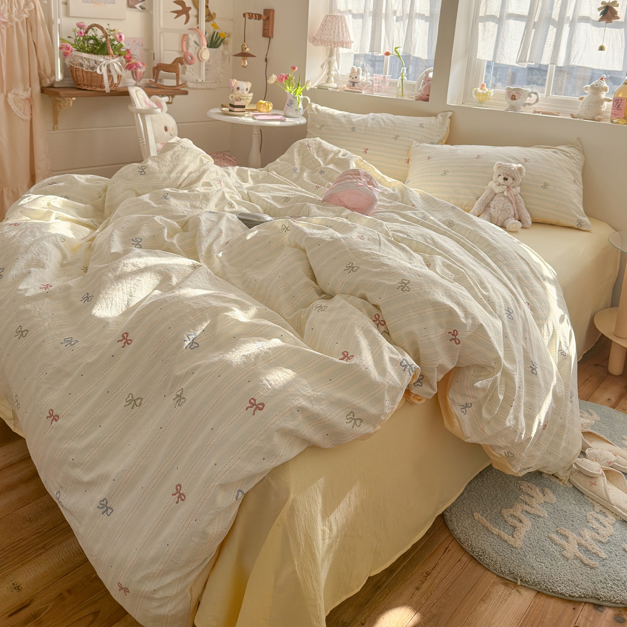 91家纺网 家纺一手货源 找家纺 罗亿家纺 2026新款A类古法水洗仿棉云感纱四件套 蝴蝶结