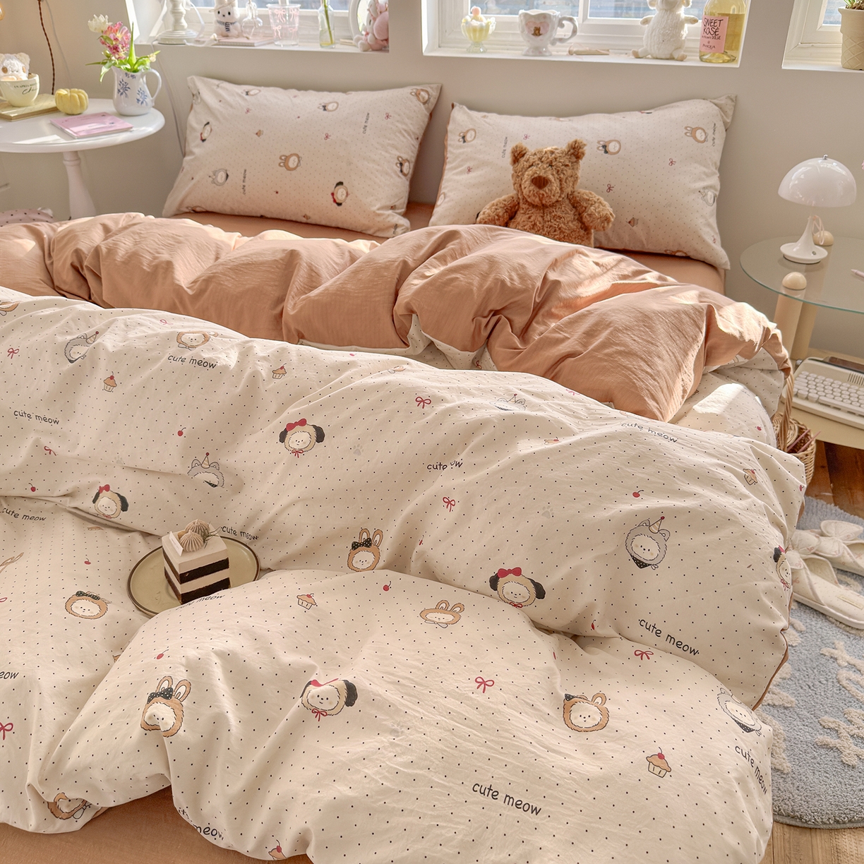 91家纺网 家纺一手货源 找家纺 罗亿家纺 2026新款A类古法水洗仿棉云感纱四件套 焦糖LABUBU