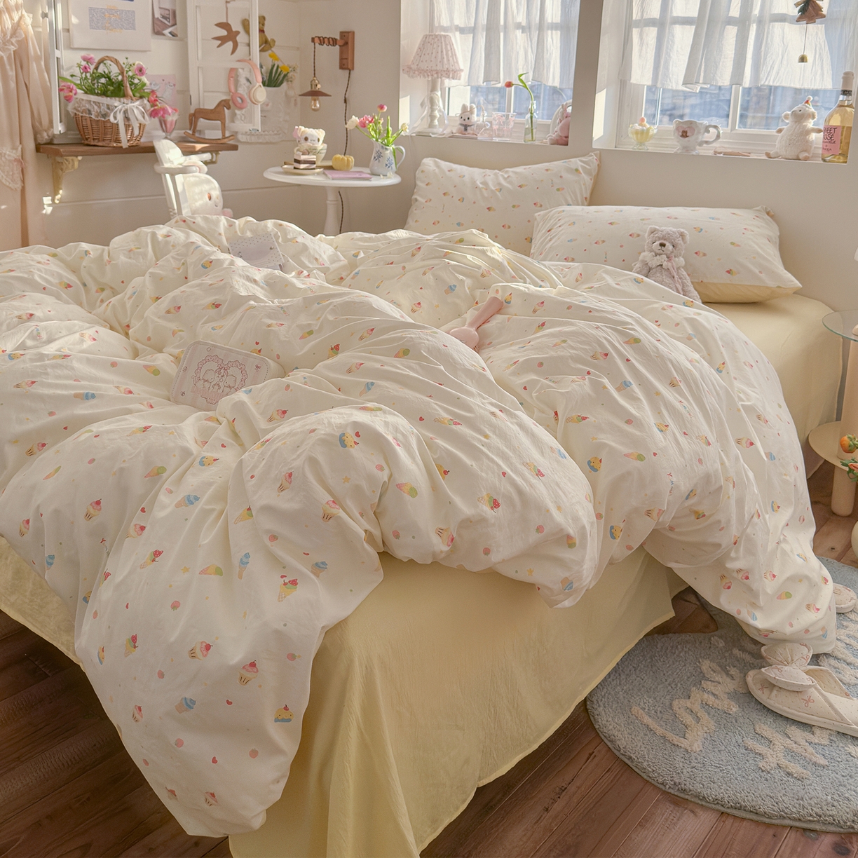 91家纺网 家纺一手货源 找家纺 罗亿家纺 2026新款A类古法水洗仿棉云感纱四件套 冰淇淋超甜