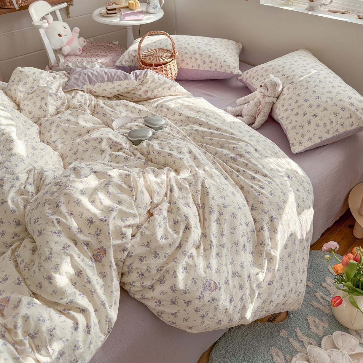 91家纺网 家纺一手货源 找家纺 罗亿家纺 2026新款A类古法水洗仿棉云感纱四件套 花集小兔