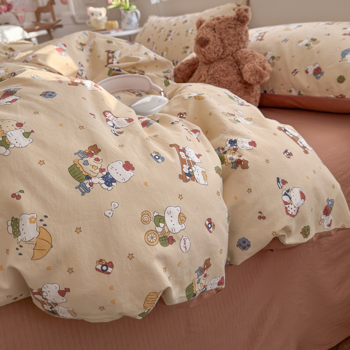 91家纺网 家纺一手货源 找家纺 罗亿家纺 2026新款A类古法水洗仿棉云感纱四件套 梦幻乐园