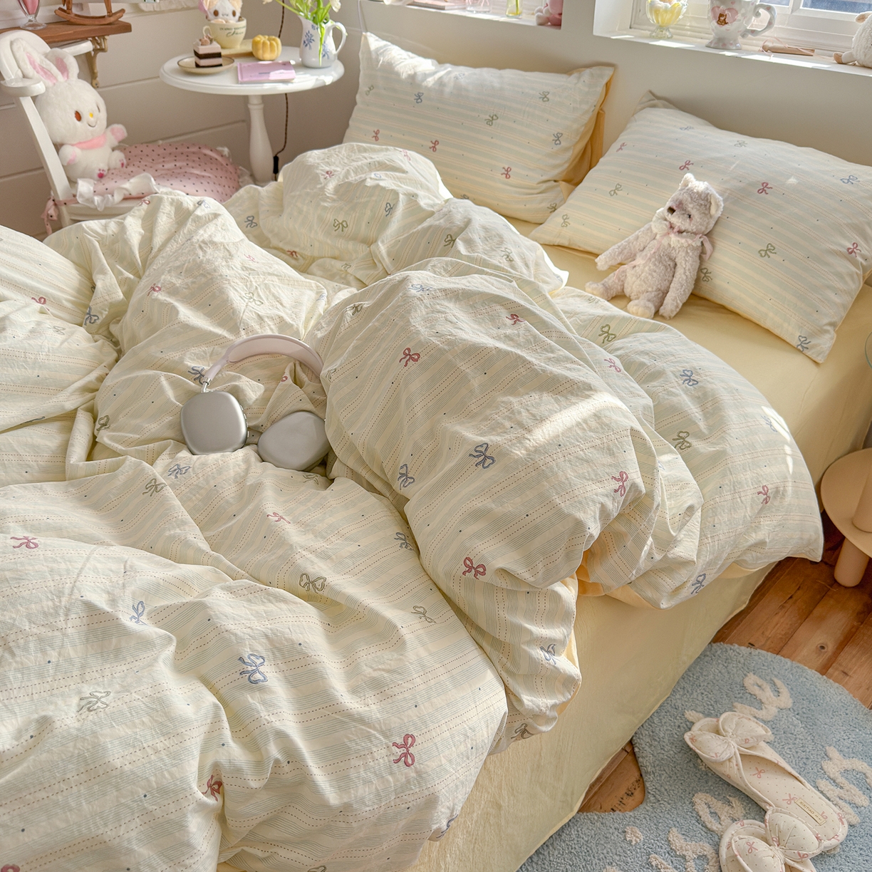 91家纺网 家纺一手货源 找家纺 罗亿家纺 2026新款A类古法水洗仿棉云感纱四件套 蝴蝶结