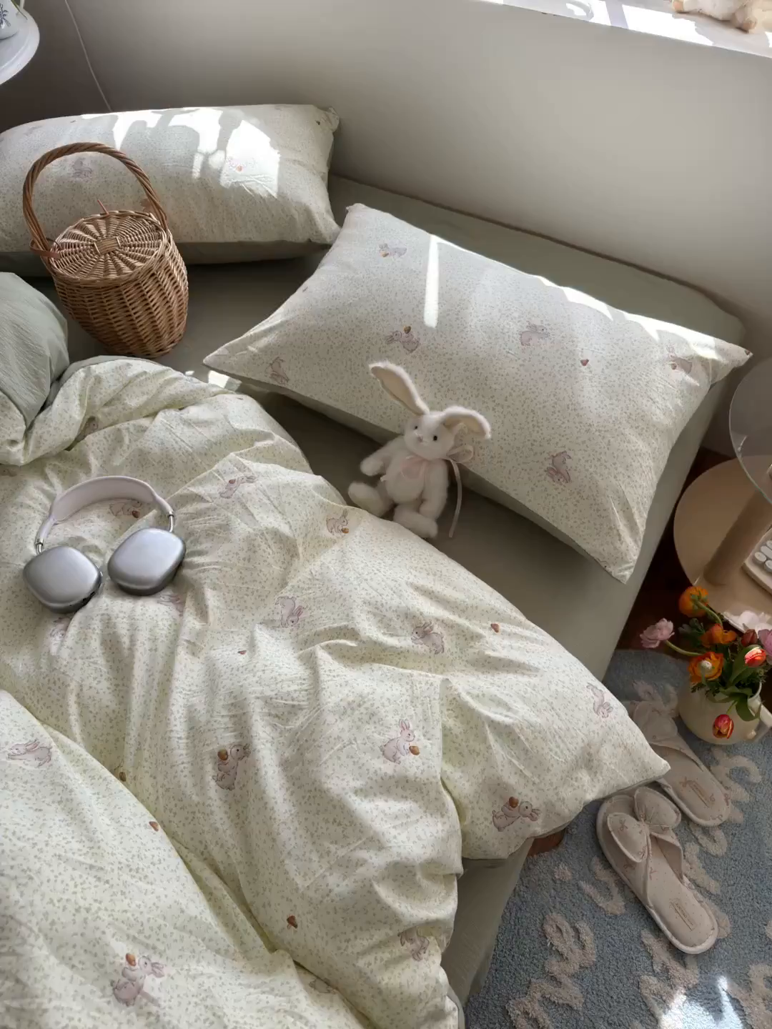 91家纺网 家纺一手货源 找家纺 罗亿家纺 2026新款A类古法水洗仿棉云感纱四件套 绿萌兔子