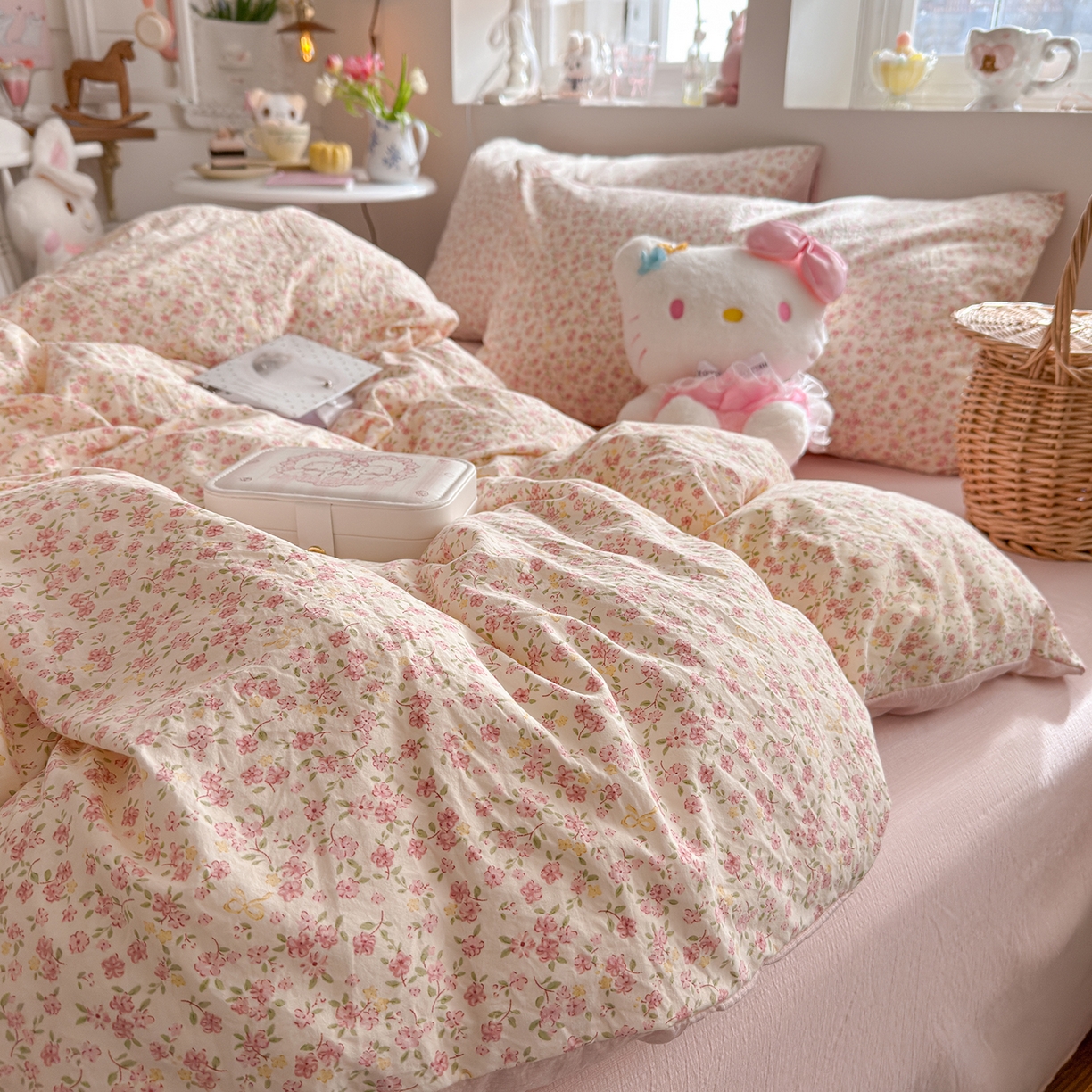 91家纺网 家纺一手货源 找家纺 罗亿家纺 2026新款A类古法水洗仿棉云感纱四件套 花颜