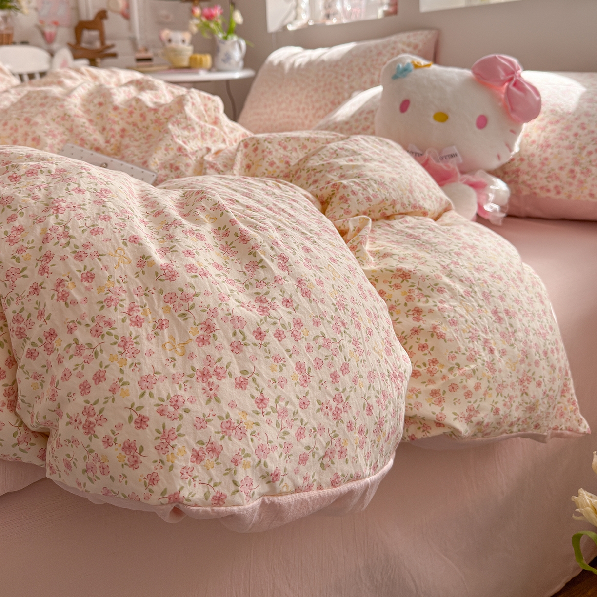 91家纺网 家纺一手货源 找家纺 罗亿家纺 2026新款A类古法水洗仿棉云感纱四件套 花颜