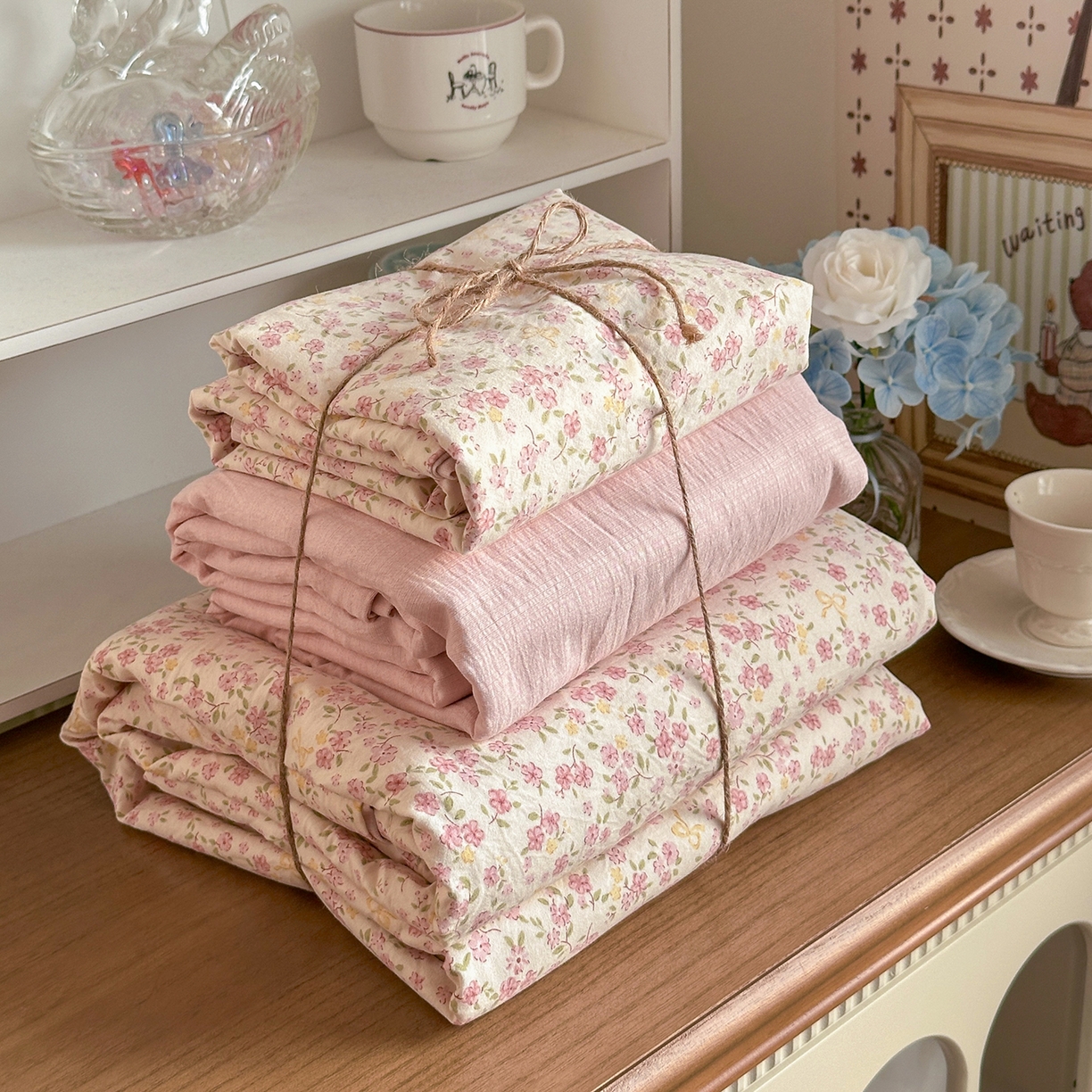 91家纺网 家纺一手货源 找家纺 罗亿家纺 2026新款A类古法水洗仿棉云感纱四件套 花颜