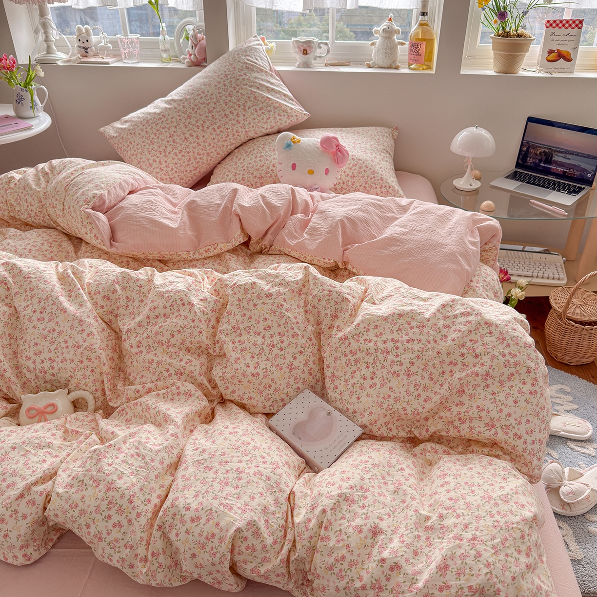 91家纺网 家纺一手货源 找家纺 罗亿家纺 2026新款A类古法水洗仿棉云感纱四件套 花颜