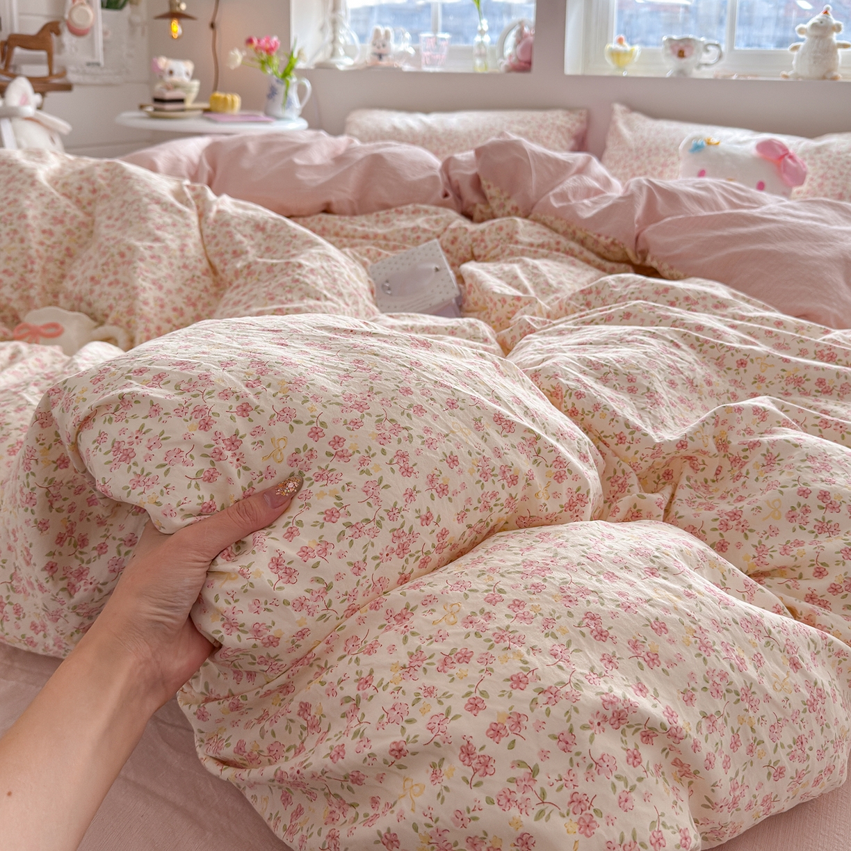 91家纺网 家纺一手货源 找家纺 罗亿家纺 2026新款A类古法水洗仿棉云感纱四件套 花颜