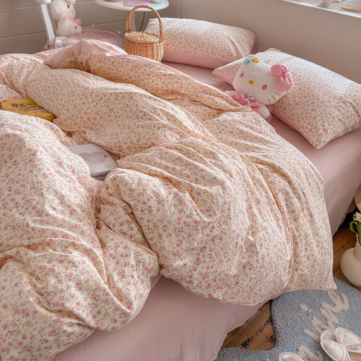 91家纺网 家纺一手货源 找家纺 罗亿家纺 2026新款A类古法水洗仿棉云感纱四件套 花颜