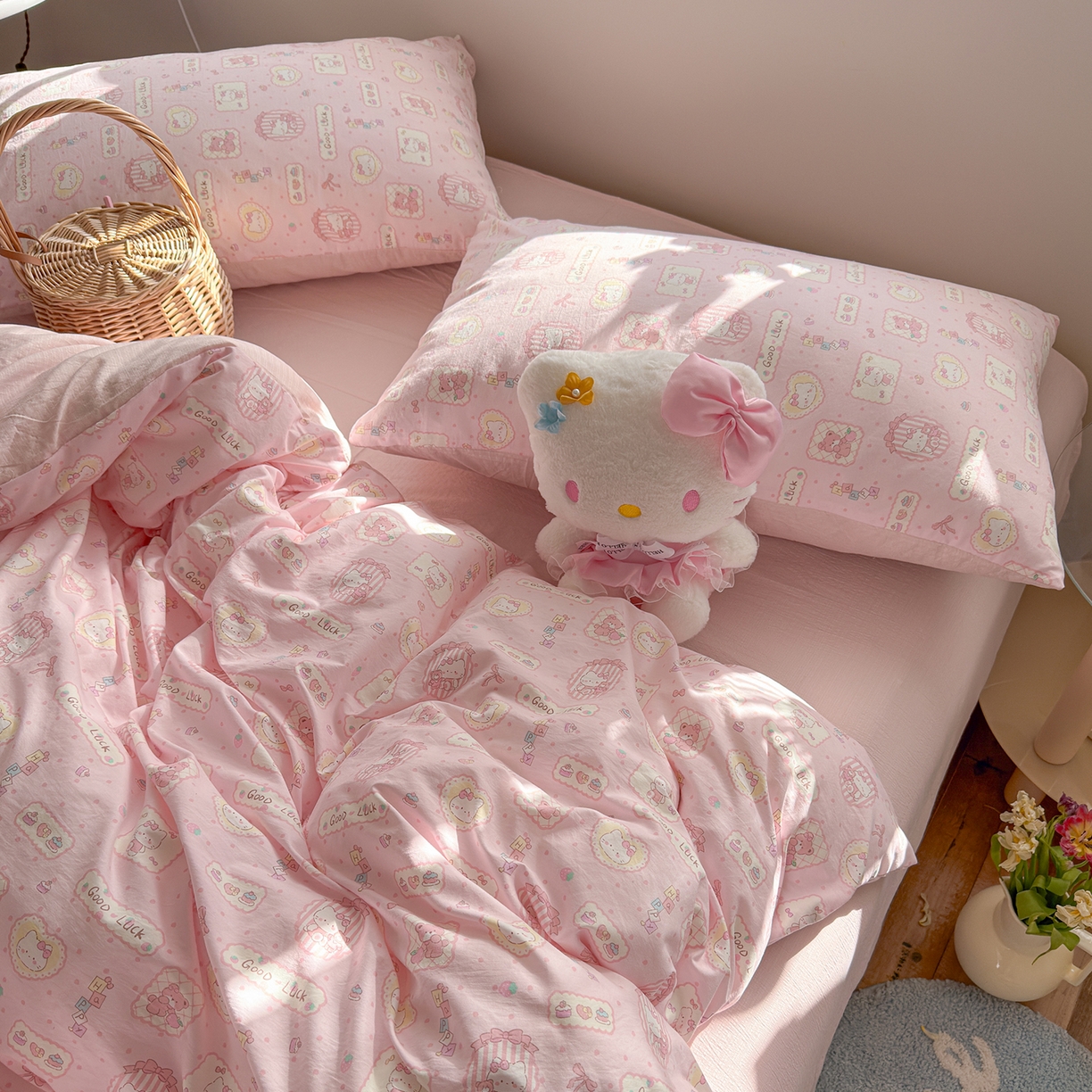 91家纺网 家纺一手货源 找家纺 罗亿家纺 2026新款A类古法水洗仿棉云感纱四件套 甜品小猫