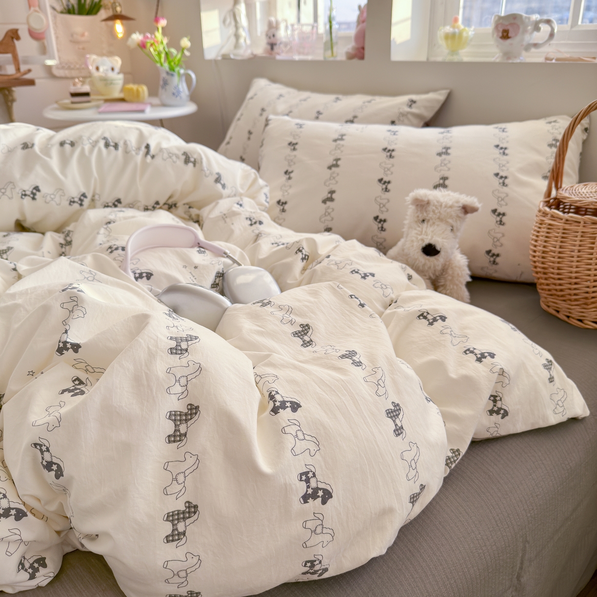 91家纺网 家纺一手货源 找家纺 罗亿家纺 2026新款A类古法水洗仿棉云感纱四件套 旋转木马