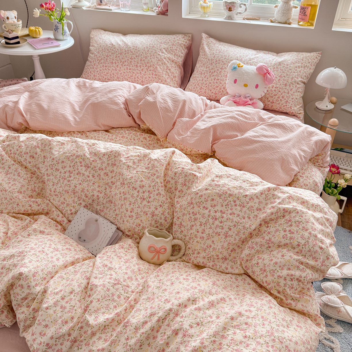 91家纺网 家纺一手货源 找家纺 罗亿家纺 2026新款A类古法水洗仿棉云感纱四件套 花颜