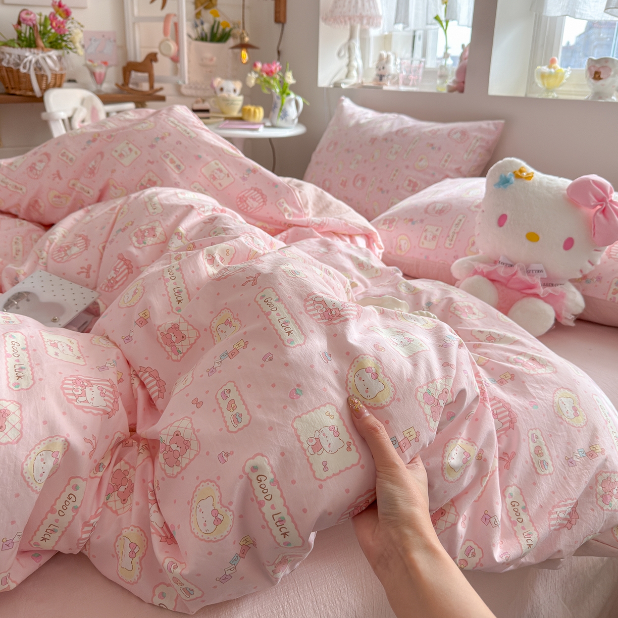 罗亿家纺 2026新款A类古法水洗仿棉云感纱四件套 甜品小猫