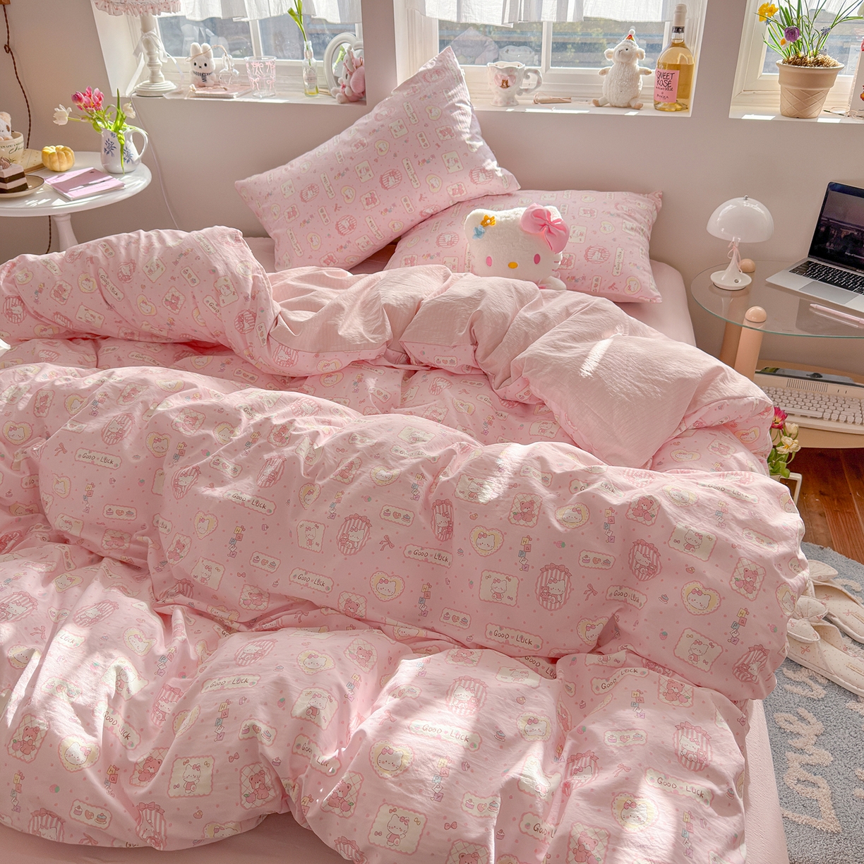 91家纺网 家纺一手货源 找家纺 罗亿家纺 2026新款A类古法水洗仿棉云感纱四件套 甜品小猫