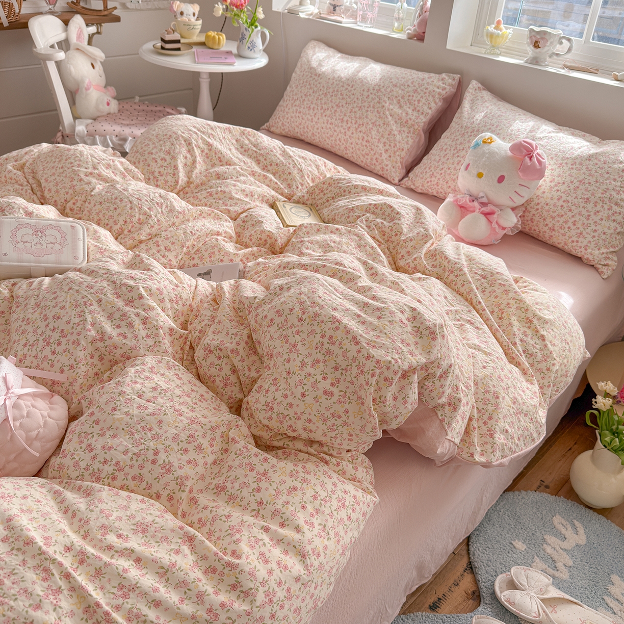 91家纺网 家纺一手货源 找家纺 罗亿家纺 2026新款A类古法水洗仿棉云感纱四件套 花颜