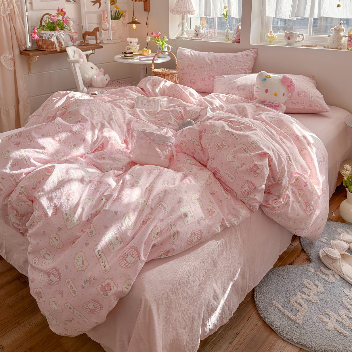 91家纺网 家纺一手货源 找家纺 罗亿家纺 2026新款A类古法水洗仿棉云感纱四件套 甜品小猫