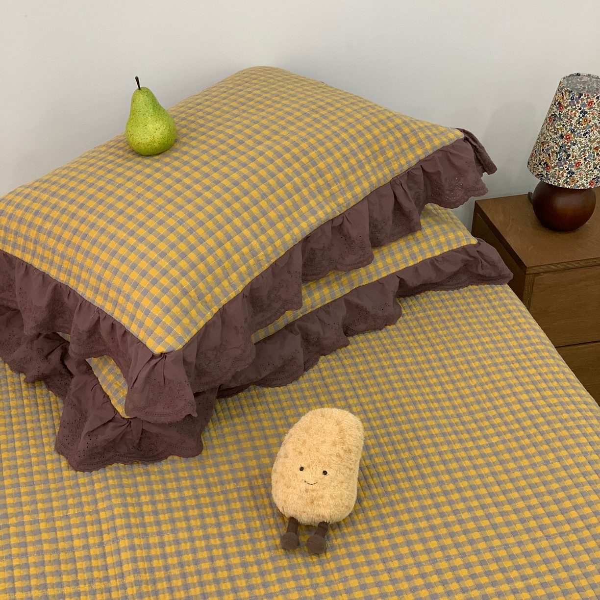 91家纺网 家纺一手货源 找家纺 床盖工厂店 2025新款双面全棉纯棉填充棉花花边款床盖三件套芸素 芸素-黄