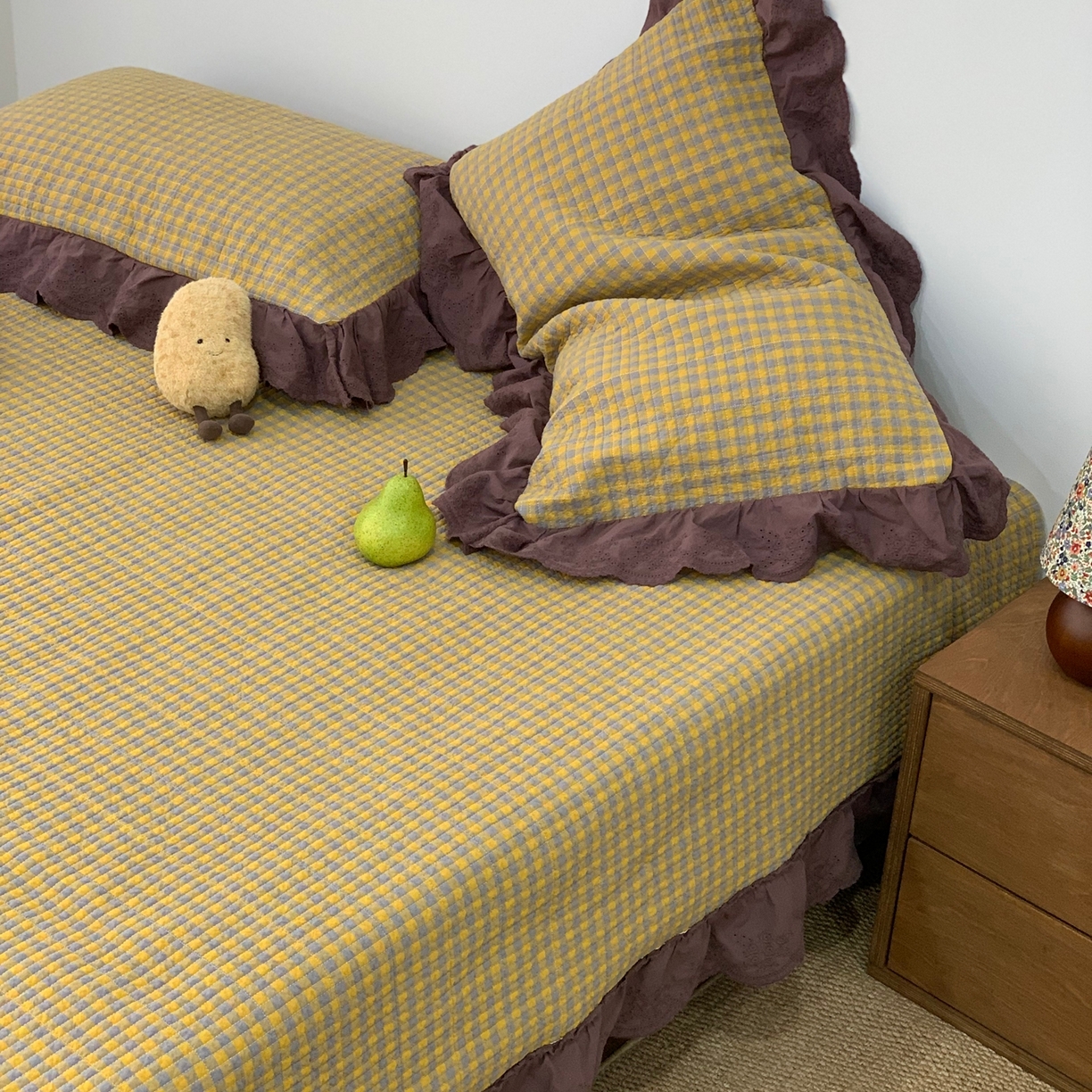 91家纺网 家纺一手货源 找家纺 床盖工厂店 2025新款双面全棉纯棉填充棉花花边款床盖三件套芸素 芸素-黄