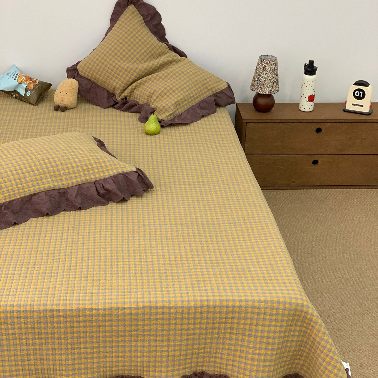 91家纺网 家纺一手货源 找家纺 床盖工厂店 2025新款双面全棉纯棉填充棉花花边款床盖三件套芸素 芸素-黄