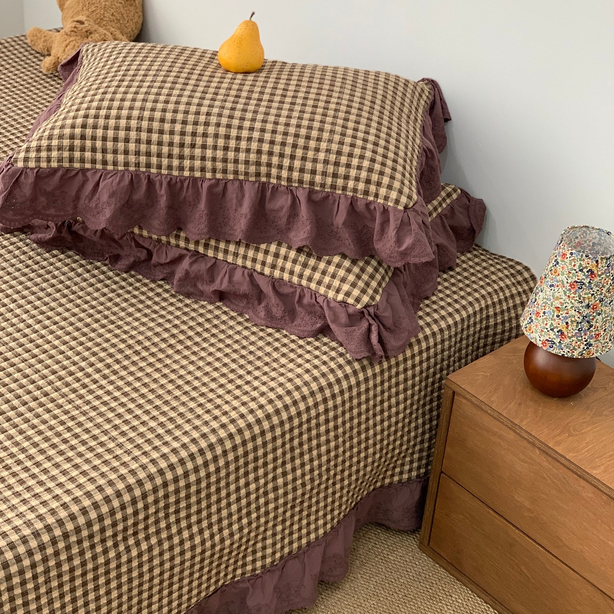 91家纺网 家纺一手货源 找家纺 床盖工厂店 2025新款双面全棉纯棉填充棉花花边款床盖三件套芸素 芸素-咖