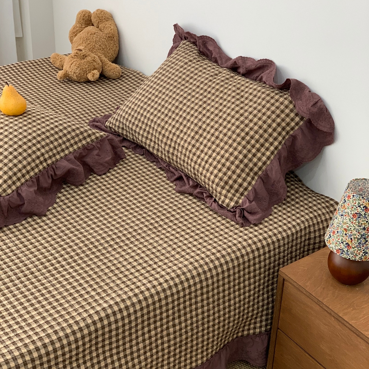 91家纺网 家纺一手货源 找家纺 床盖工厂店 2025新款双面全棉纯棉填充棉花花边款床盖三件套芸素 芸素-咖