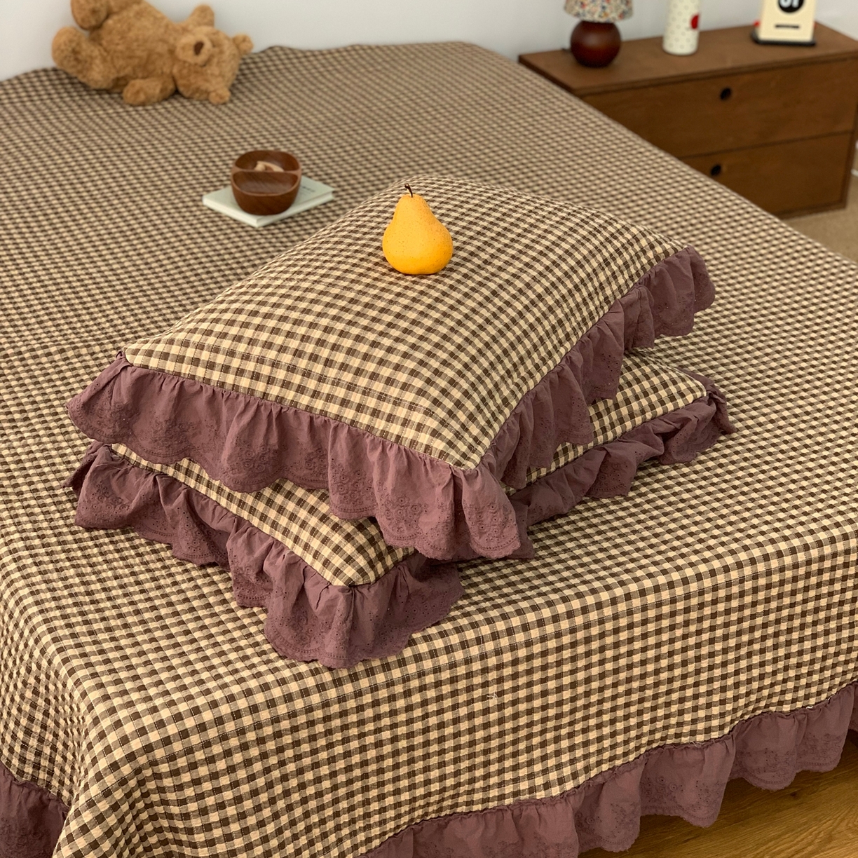 91家纺网 家纺一手货源 找家纺 床盖工厂店 2025新款双面全棉纯棉填充棉花花边款床盖三件套芸素 芸素-咖