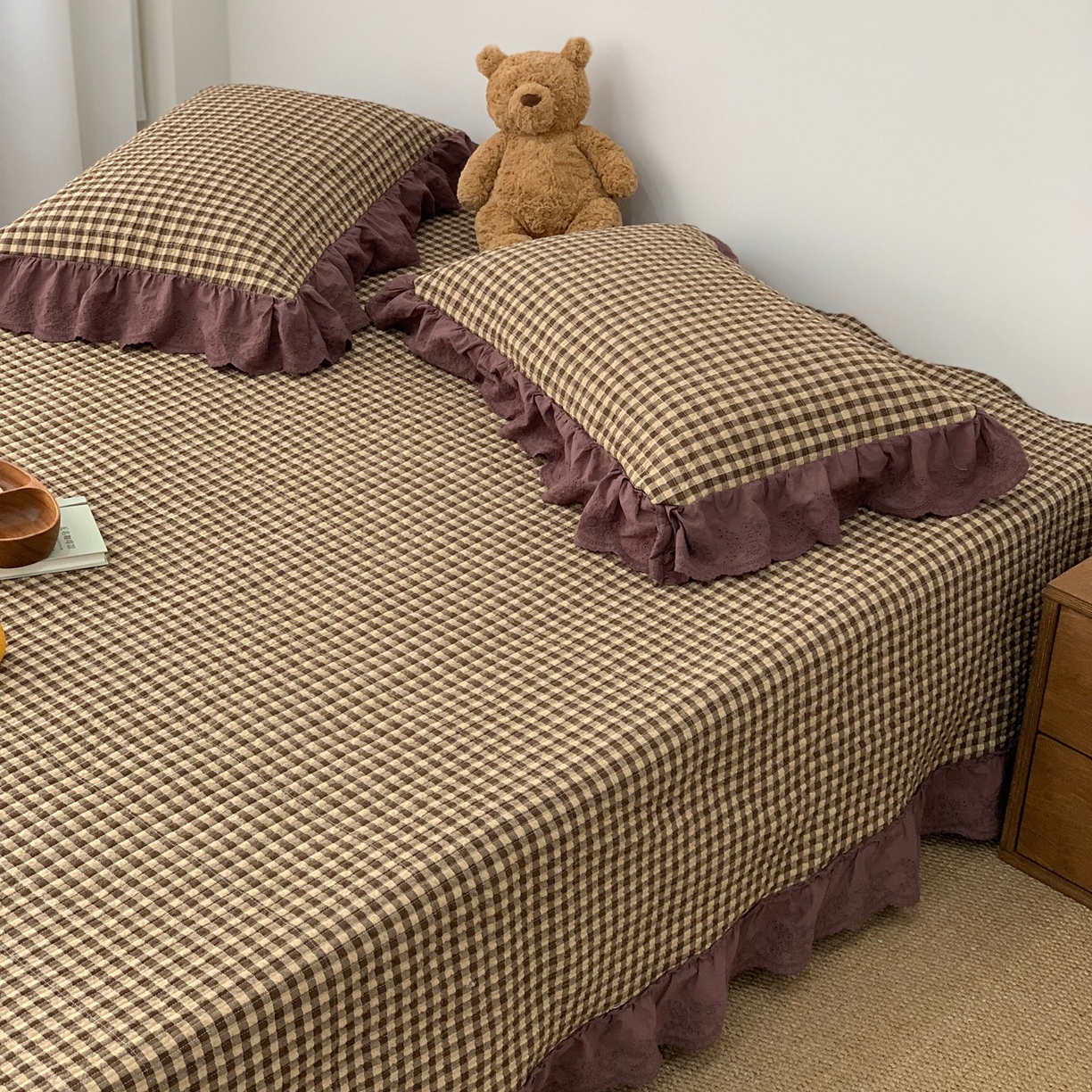 91家纺网 家纺一手货源 找家纺 床盖工厂店 2025新款双面全棉纯棉填充棉花花边款床盖三件套芸素 芸素-咖