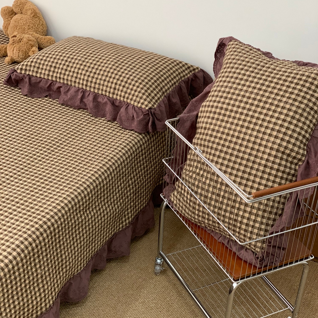 91家纺网 家纺一手货源 找家纺 床盖工厂店 2025新款双面全棉纯棉填充棉花花边款床盖三件套芸素 芸素-咖