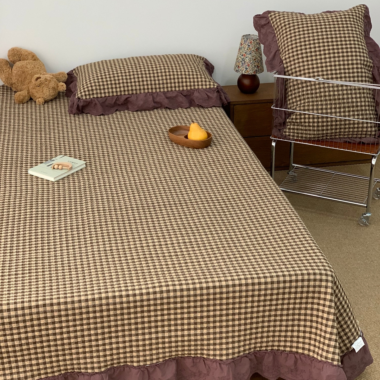 91家纺网 家纺一手货源 找家纺 床盖工厂店 2025新款双面全棉纯棉填充棉花花边款床盖三件套芸素 芸素-咖