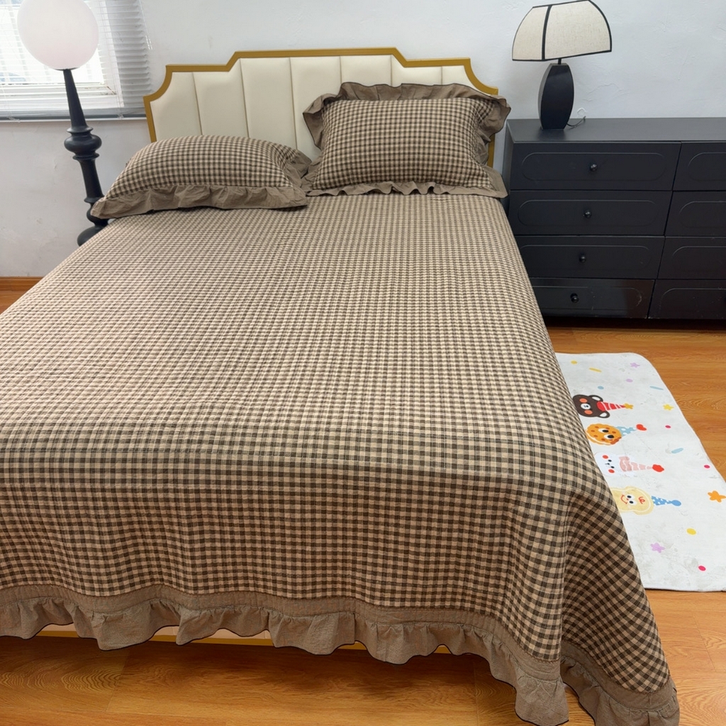 91家纺网 家纺一手货源 找家纺 暖居 2026年新款全棉色织水洗棉高温砂洗床盖三件套四件套 森林咖