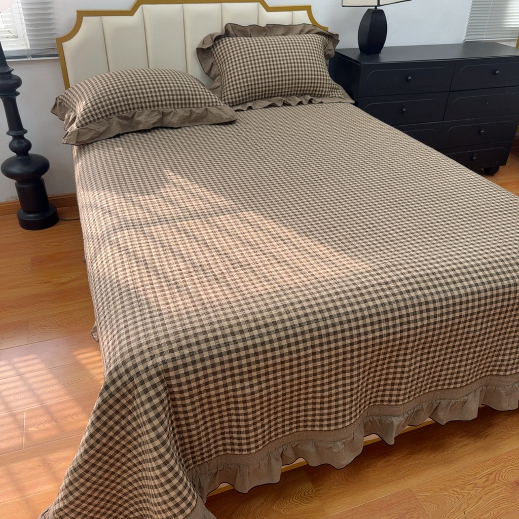 91家纺网 家纺一手货源 找家纺 暖居 2026年新款全棉色织水洗棉高温砂洗床盖三件套四件套 森林咖