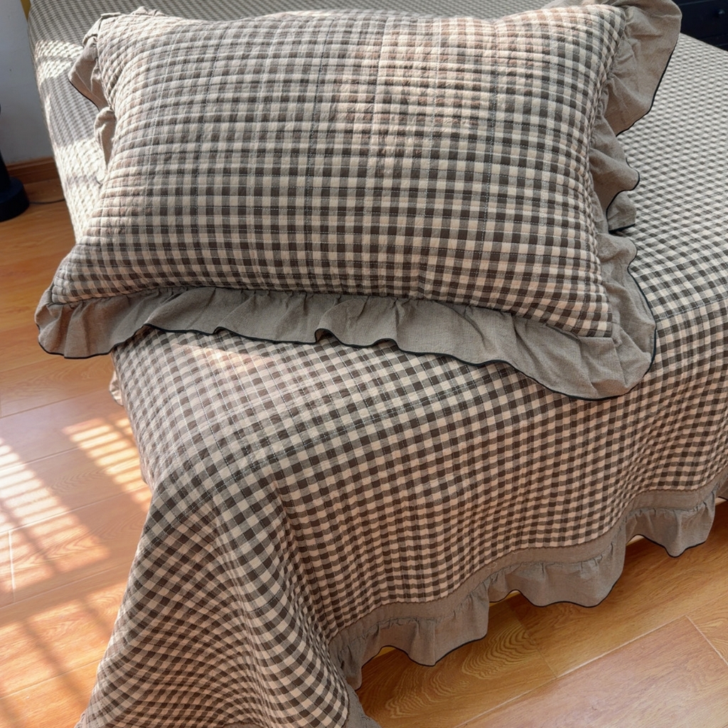 91家纺网 家纺一手货源 找家纺 暖居 2026年新款全棉色织水洗棉高温砂洗床盖三件套四件套 森林咖