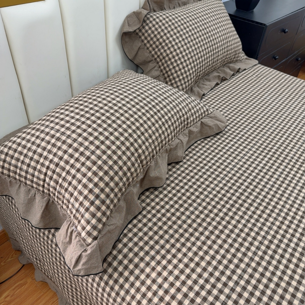 91家纺网 家纺一手货源 找家纺 暖居 2026年新款全棉色织水洗棉高温砂洗床盖三件套四件套 森林咖