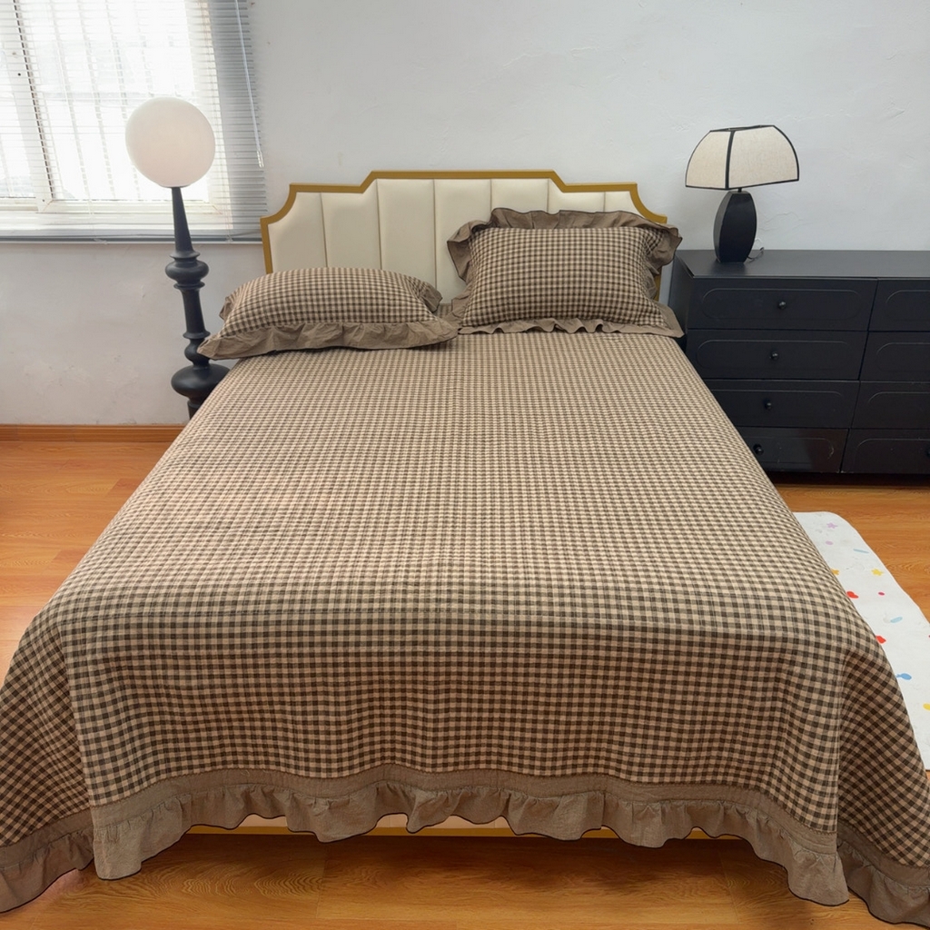 暖居 2026年新款全棉色织水洗棉高温砂洗床盖三件套四件套 森林咖