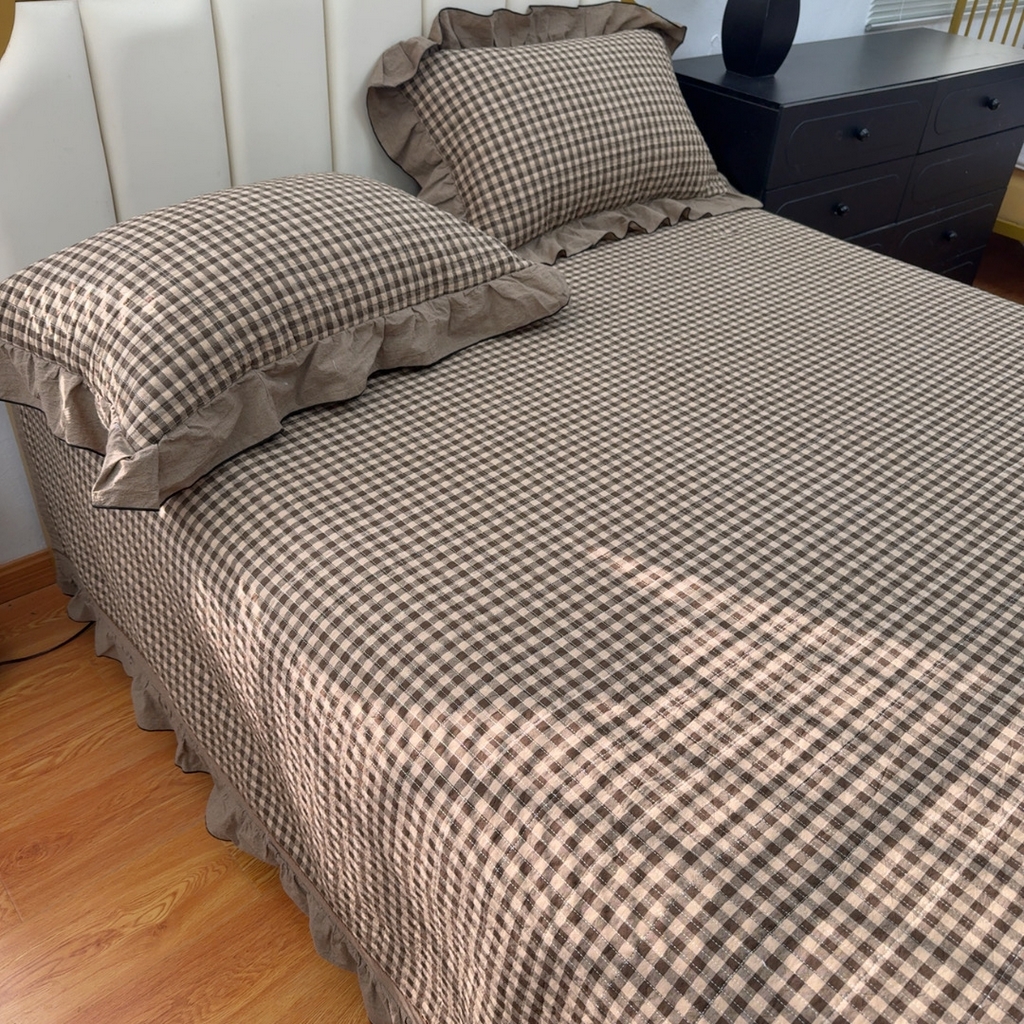 91家纺网 家纺一手货源 找家纺 暖居 2026年新款全棉色织水洗棉高温砂洗床盖三件套四件套 森林咖