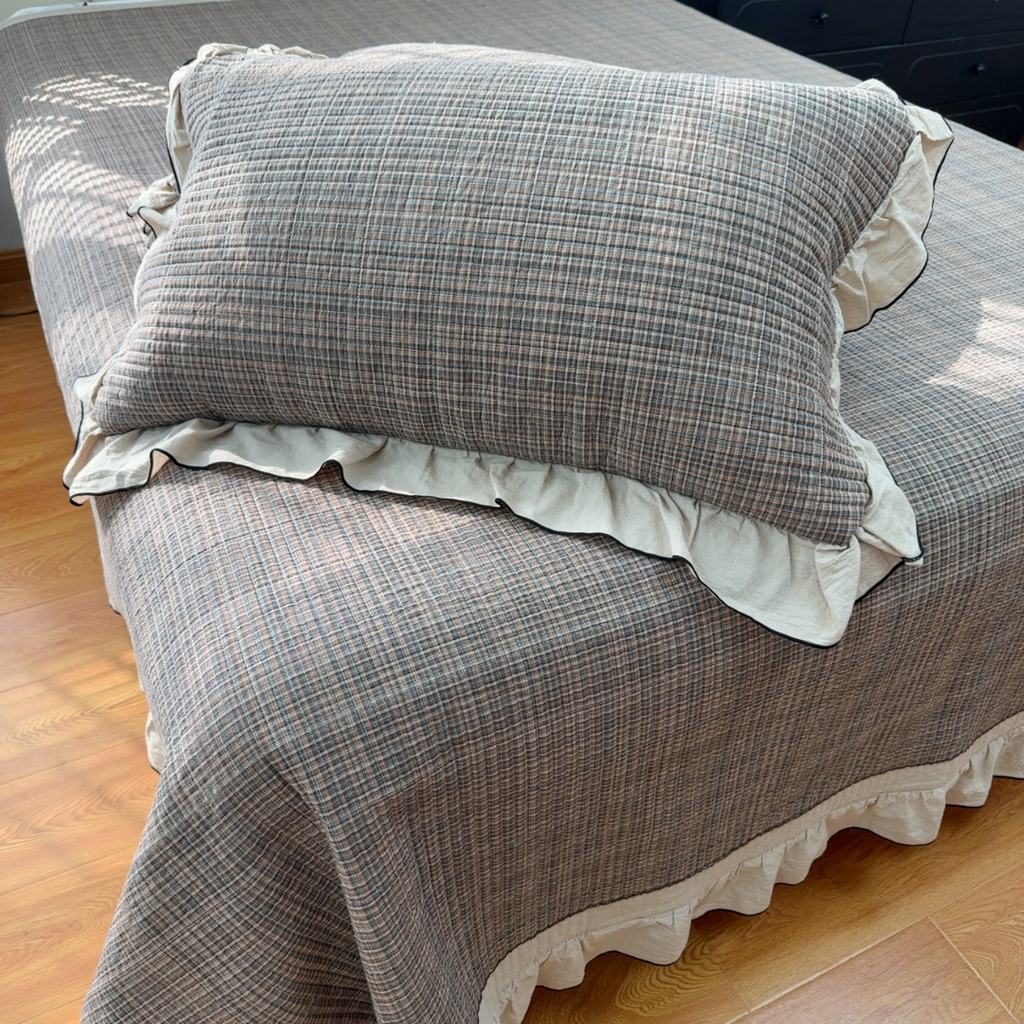 91家纺网 家纺一手货源 找家纺 暖居 2026年新款全棉色织水洗棉高温砂洗床盖三件套四件套 云曲