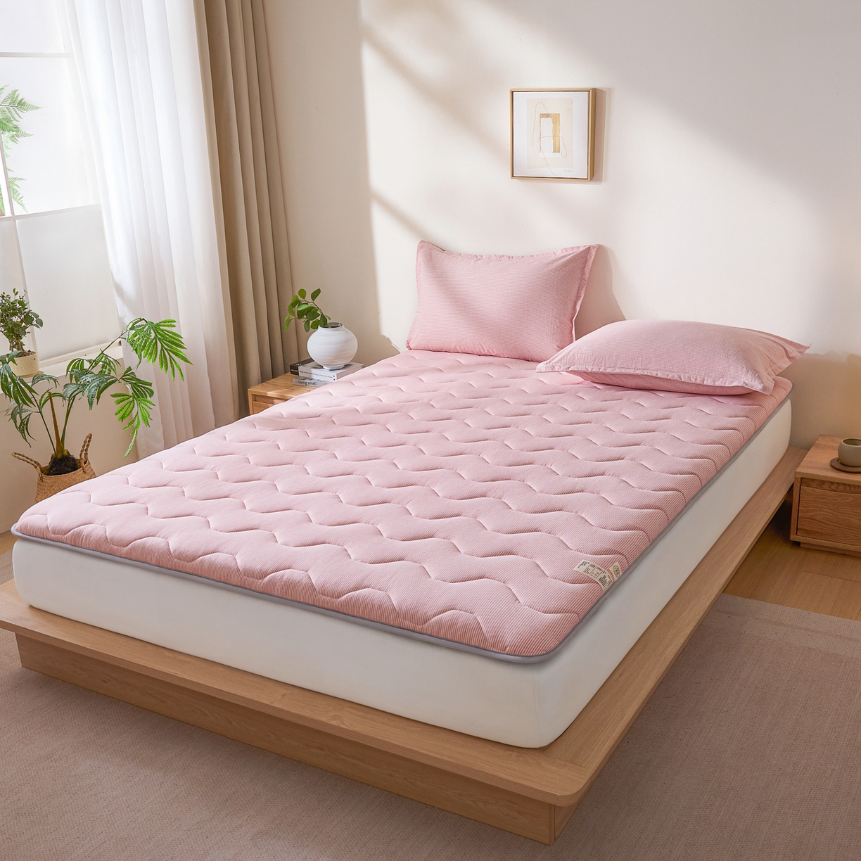 91家纺网 家纺一手货源 找家纺 丽诺床垫 2026新款A类全棉色织水洗棉棉花三明治床垫（床垫不定制超200x220以上的尺寸） 细条粉