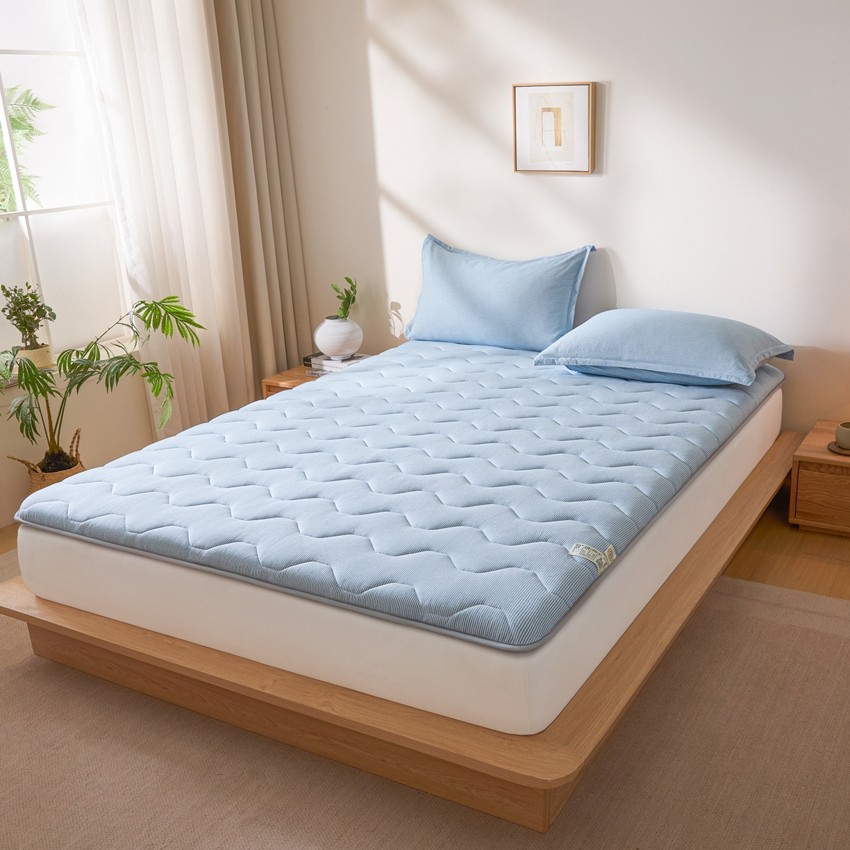 91家纺网 家纺一手货源 找家纺 丽诺床垫 2026新款A类全棉色织水洗棉棉花三明治床垫（床垫不定制超200x220以上的尺寸） 细条蓝