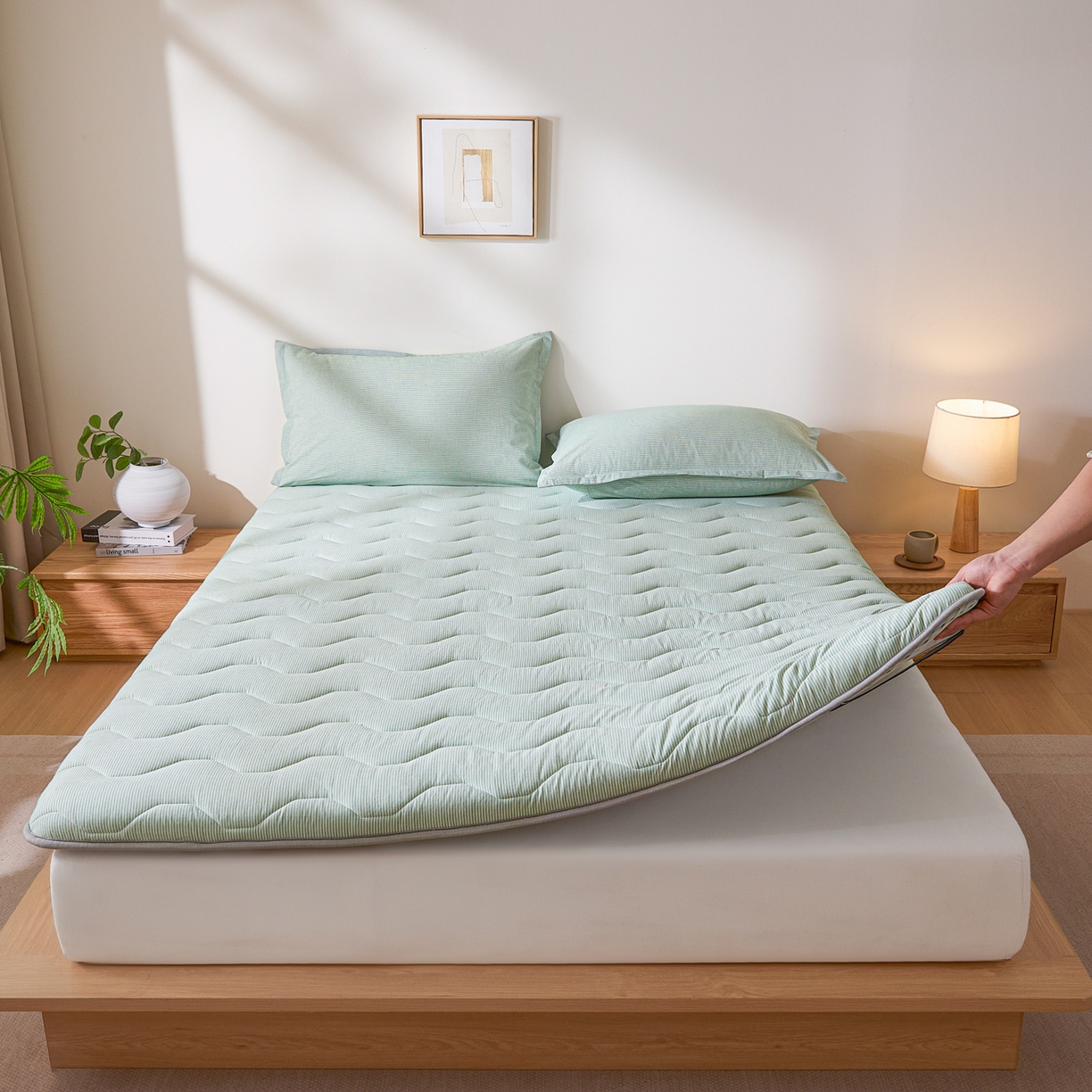 91家纺网 家纺一手货源 找家纺 丽诺床垫 2026新款A类全棉色织水洗棉棉花三明治床垫（床垫不定制超200x220以上的尺寸） 细条绿