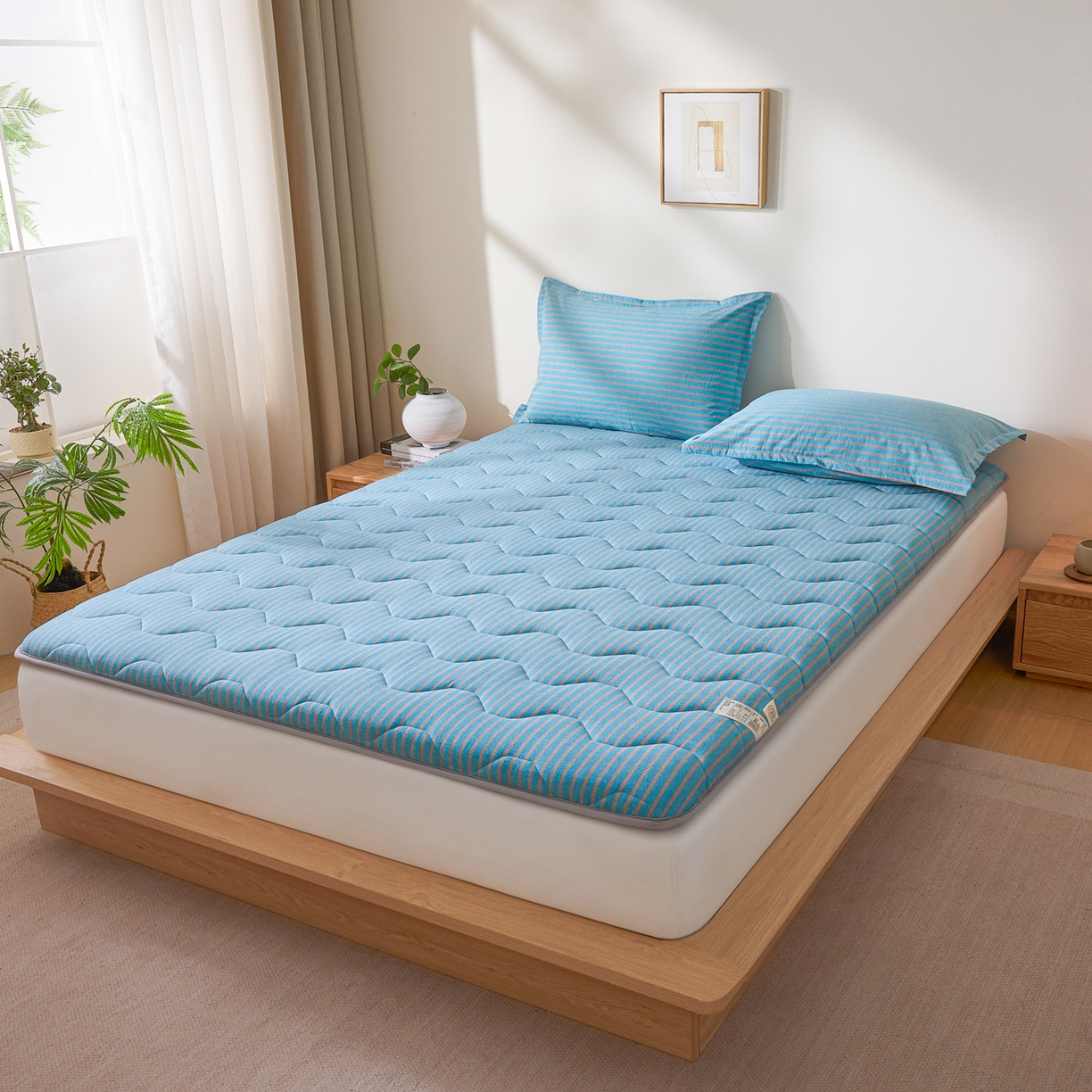 91家纺网 家纺一手货源 找家纺 丽诺床垫 2026新款A类全棉色织水洗棉棉花三明治床垫（床垫不定制超200x220以上的尺寸） 追光蓝