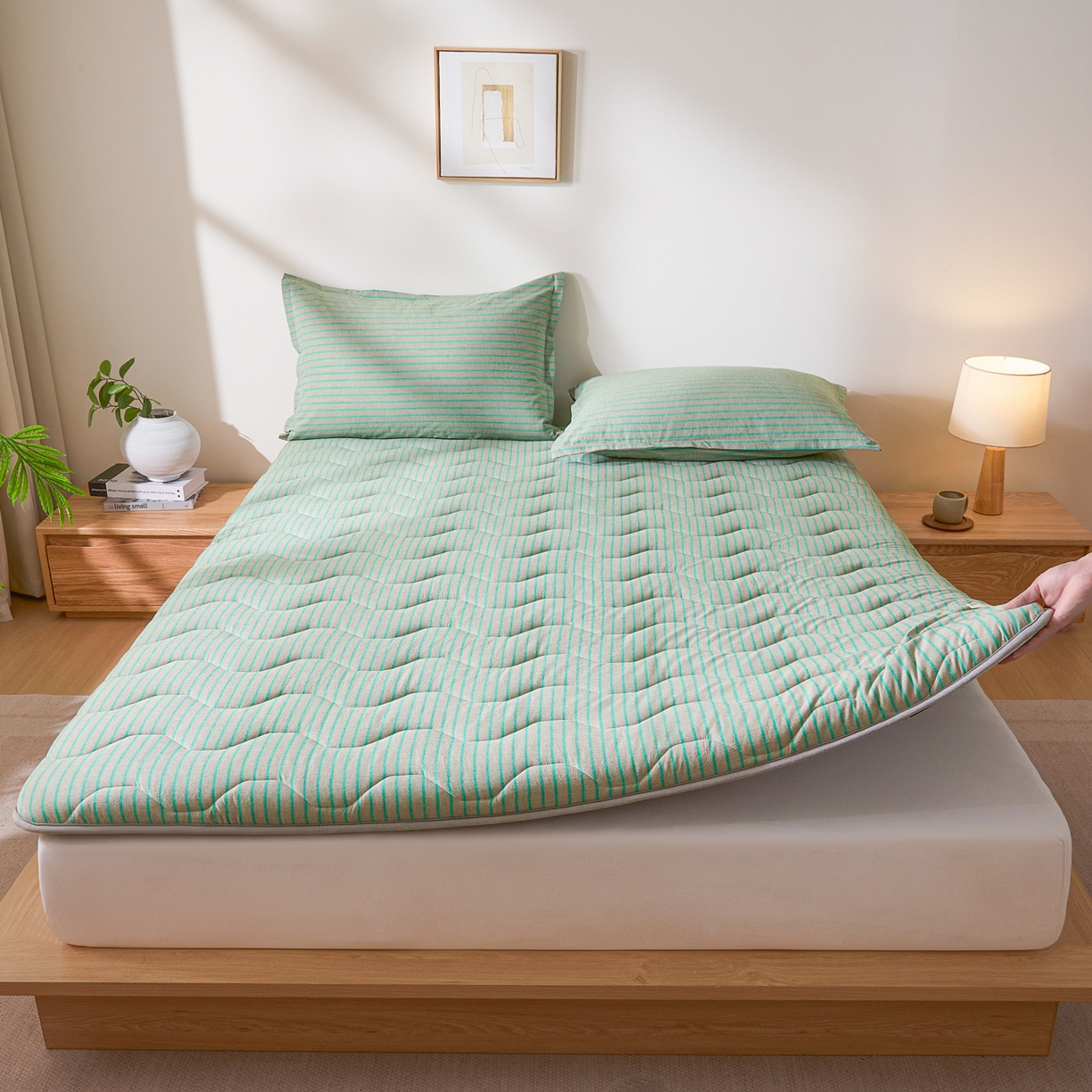 91家纺网 家纺一手货源 找家纺 丽诺床垫 2026新款A类全棉色织水洗棉棉花三明治床垫（床垫不定制超200x220以上的尺寸） 追光绿