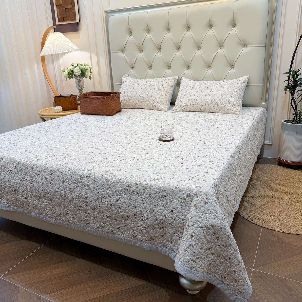 91家纺网 家纺一手货源 找家纺 （总）床盖工厂店 2025新款全棉天竺棉麻三件套填充棉花床盖三件套花卉系列