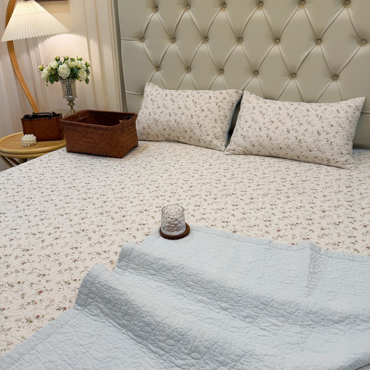 91家纺网 家纺一手货源 找家纺 （总）床盖工厂店 2025新款全棉天竺棉麻三件套填充棉花床盖三件套花卉系列